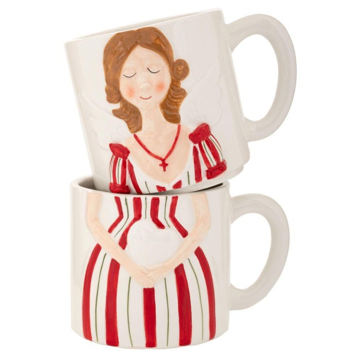 SET2 TAZZE IN CERAMICA BIANCA CON FATA ROSSA 13X10X18CM.